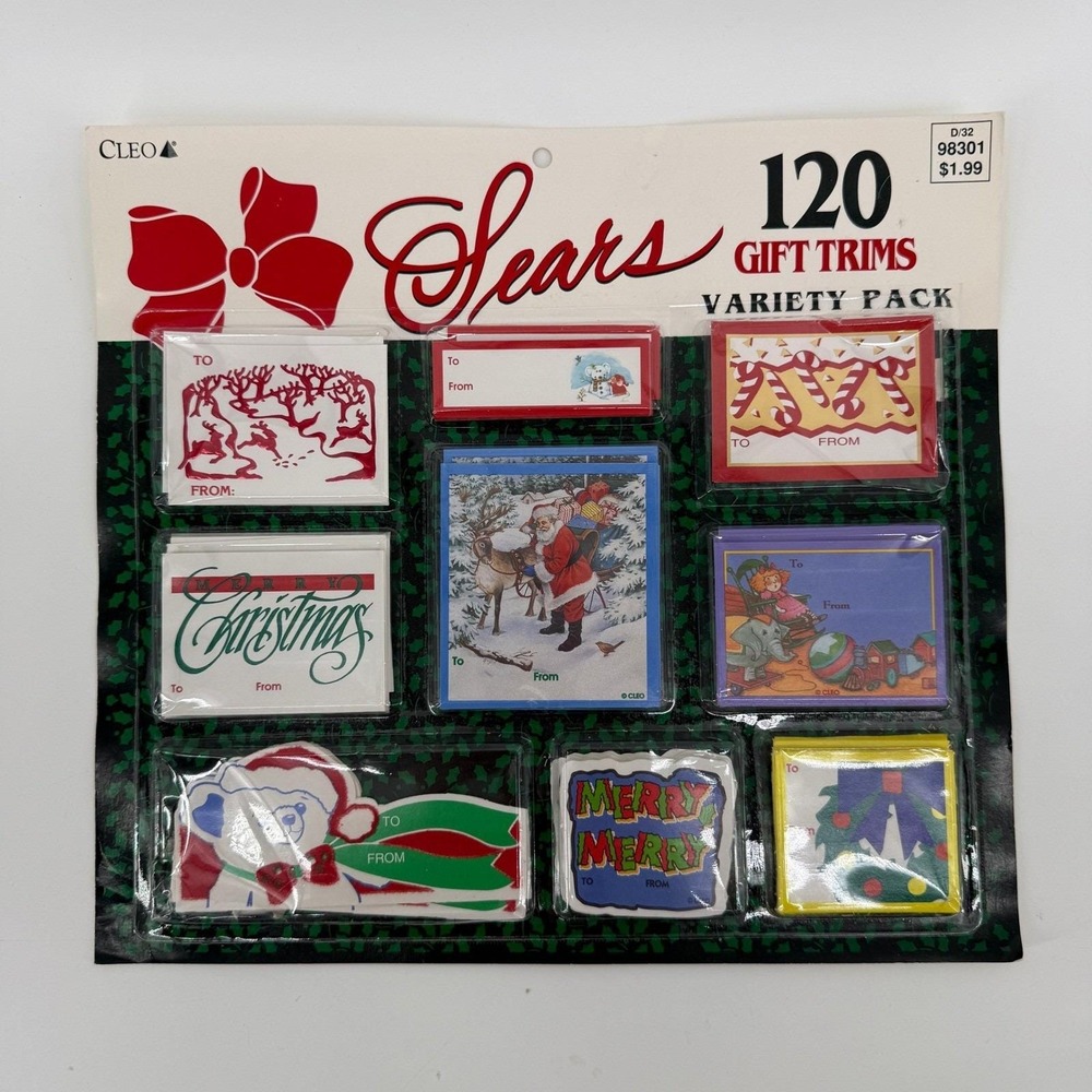 Vintage 1990 Sears 120 Gift Trims Tags Variety Pack Cleo Gibson Christmas NOS